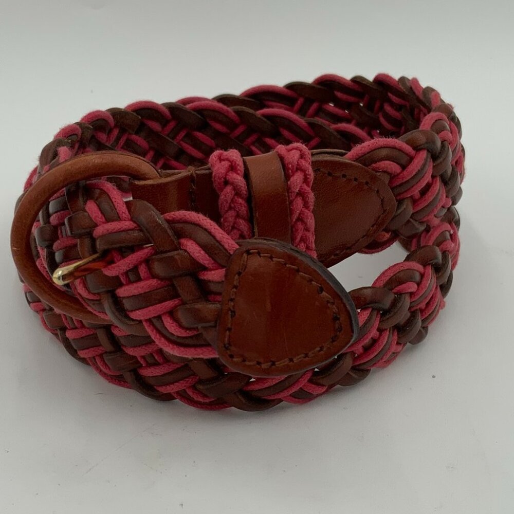 Talbots Braided Brown/Pink Leather Cord Belt #6008 MED (6-8 pant) Leather Buckle